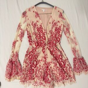 Gianni Bini Red and Cream Floral Lace Romper